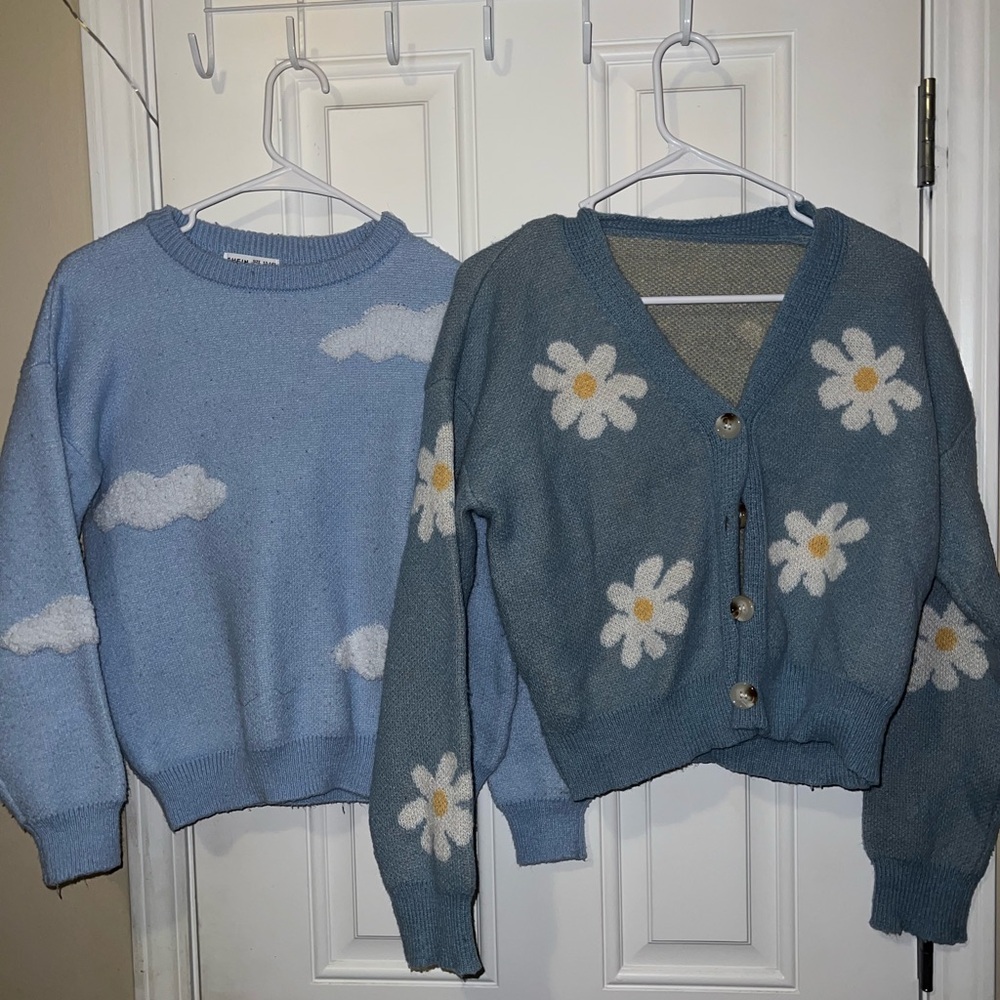 Blue Floral and Cloud Sweater Set